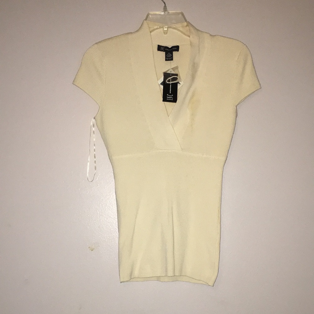 INC International Concepts Ribbed Silk Lycra V neck Shirt Sleeve Top
